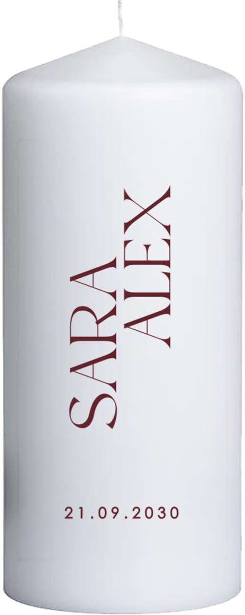 Hochzeitskerze mit Schrift in Kirschrot 15 cm lang, Ø6 cm