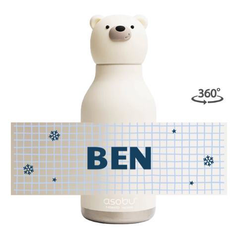 Asobu Edelstahl-Trinkflasche Eisbär mit Namen und Karomuster
