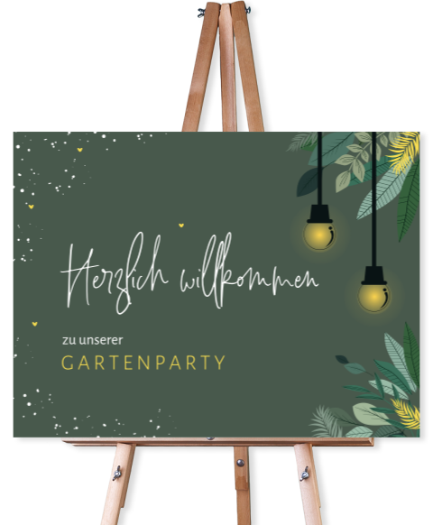 Willkommensschild in Grün mit Zweigen, Lichterkette und Herzchen