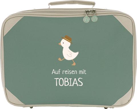 Niedlicher Kinderkoffer mit Namen und Gans mit Hut