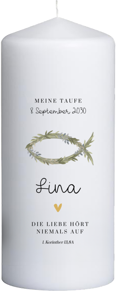 Schlichte Taufkerze mit Ichthys und Bibelvers, 20 cm hoch, 8 cm Ø