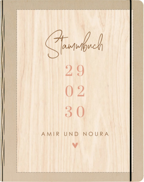 Stammbuch Holz mit Herz in zarten Farben und Hochzeitsdatum