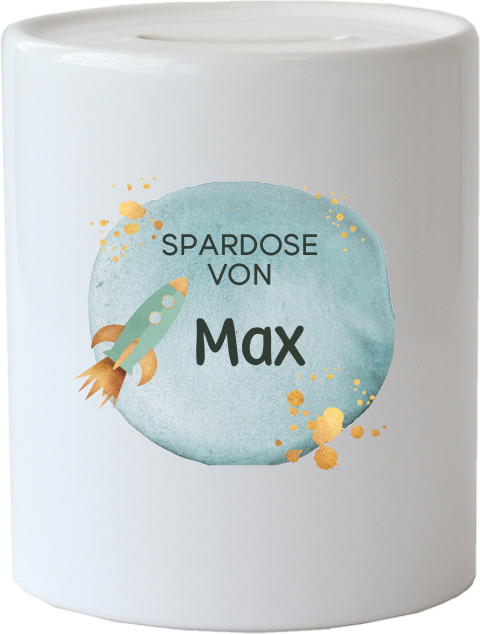 Personalsierbare Spardose aus Keramik mit Raketen und Weltall Motiv