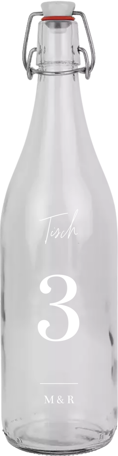 Bügelflasche mit kursiver Schrift und Ziffer als Tischnummer
