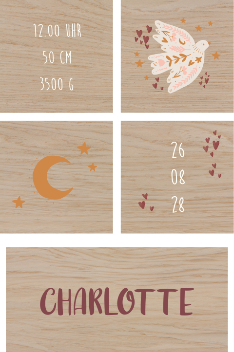 Personalisiertes Spielzeug aus Holz mit Taube und Mond