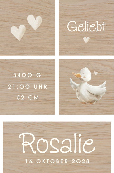 Holzklötze mit Ente und Herzen