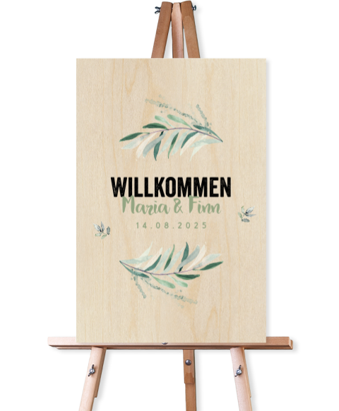 Holz Willkommensschild zur Hochzeit mit Eukalyptuszweigen