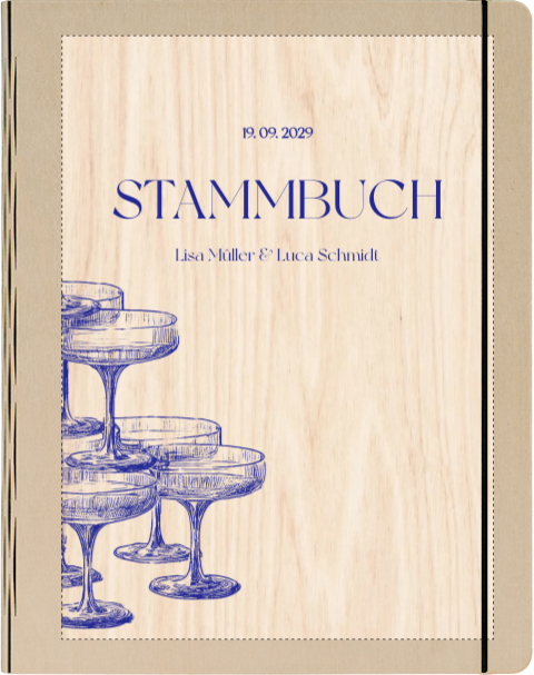Stammbuch mit gezeichneten Champagnergläsern in Blau