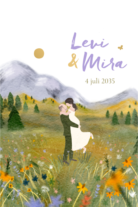 Trouwkaart zomers berglandschap, bloemenveld en portret bruidspaar