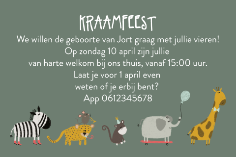 Klein kaartje uitnodiging kraamfeest dieren parade