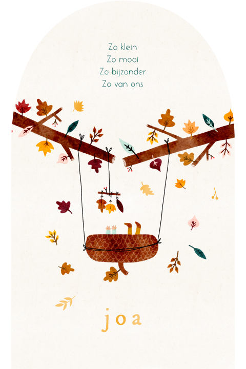 Geboortekaartje herfstbladeren wiegje eikel dopje boog