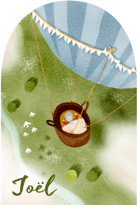 Geboortekaartje boog blauwe luchtballon landschap