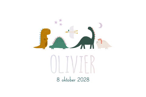 Vrolijk geboortekaartje holografisch folie dino parade sterren maan