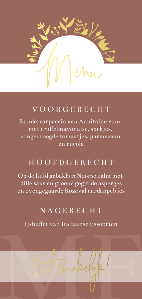 Menukaart grafisch initialen bandje goudfolie bloemen