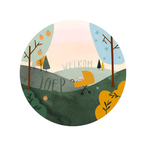Geboortekaartje blauw waterverf zomer landschap zonsondergang