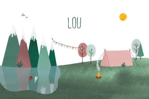 Geboortekaartje landschapje kamperen bergen meisje