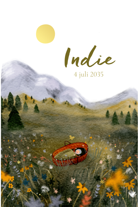 Geboortekaart met berglandschap en bloemenveld