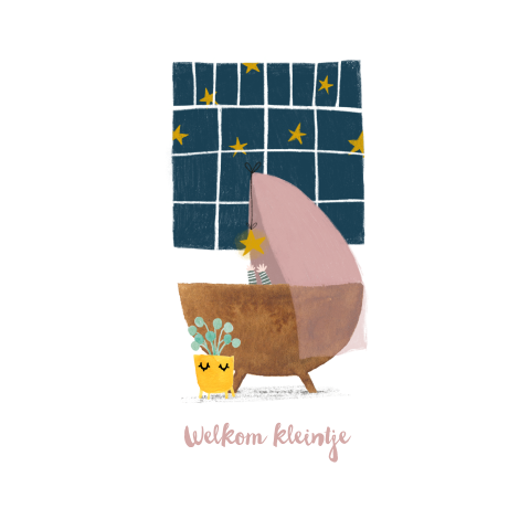 Geboortekaartje Wiegje meisje sterretjes