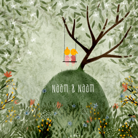 Geboortekaartje lente bos schommel tweeling meisjes