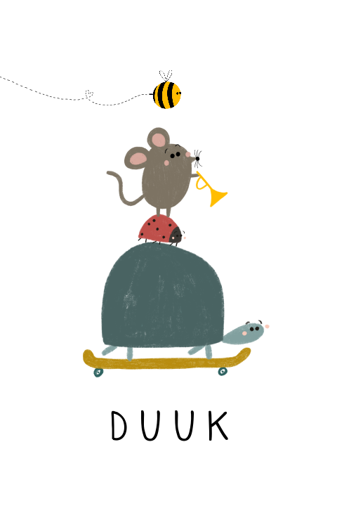 Geboortekaartje skateboard diertjes