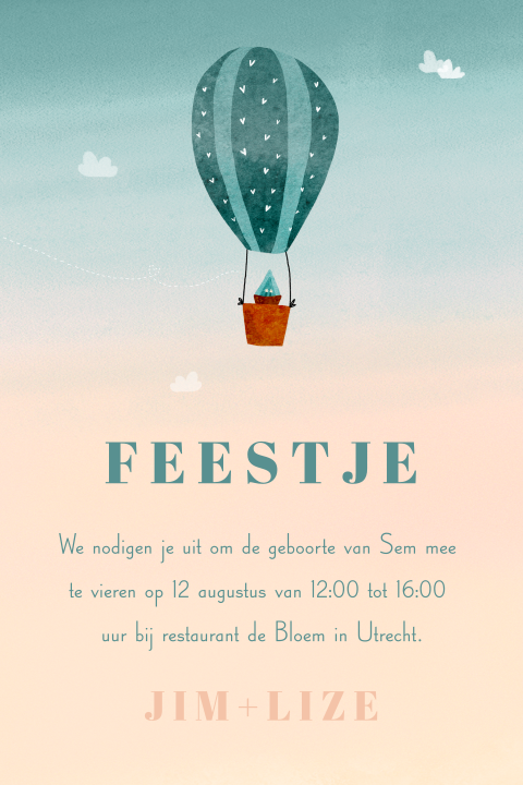 Kraamborrel kaartje waterverf luchtballon wiegje