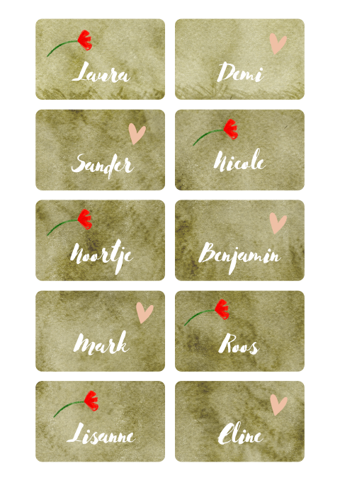 Naamkaartjes met hartjes en klaprozen