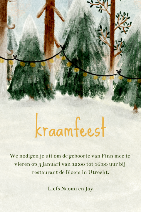 Kraamborrel kaartje winterbos wiegje lampjes sneeuw sneeuw