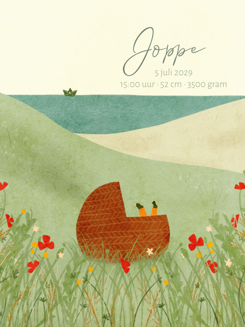 Geboorteposter landschap veldbloemen zee wiegje boog