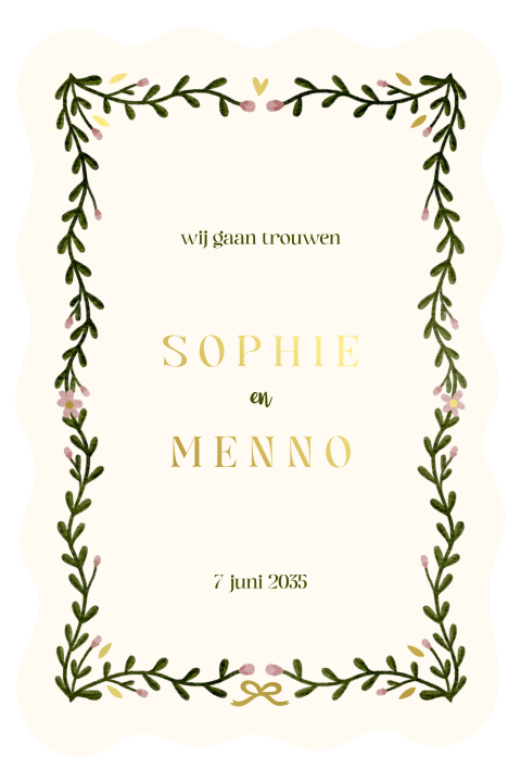 Botanische trouwkaart met golfrand en goudfolie