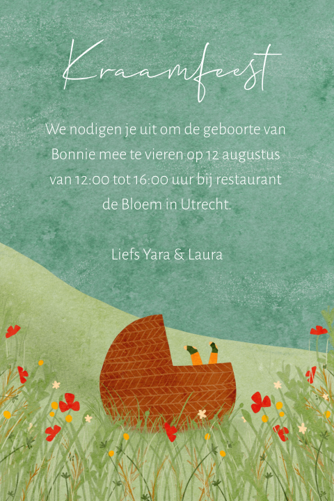 Kraamborrel kaartje landschap veldbloemen zee wiegje