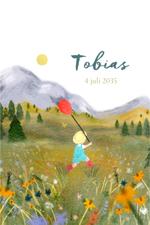 Geboortekaart zomers berglandschap, bloemenveld en kindje met ballon