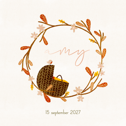 Geboortekaartje herfst indian summer krans blaadjes mozesmandje
