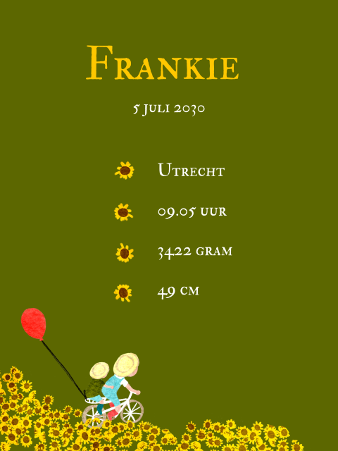 Poster geboortegegevens zonnebloemen jongen broer fietsje