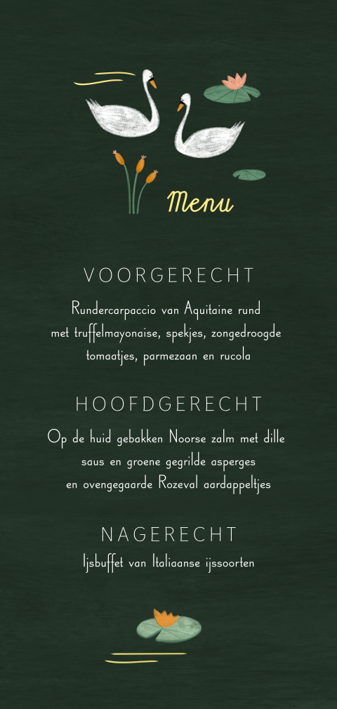 Menukaart goudfolie vijver bloemen zwaan donkergroen
