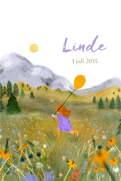 Geboortekaart zomers berglandschap, bloemenveld en meisje met ballon