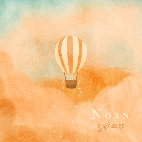 Geboortekaartje luchtballon waterverf hartjes