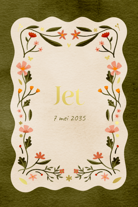 Botanische geboortekaart met bloemenrand en goudfolie