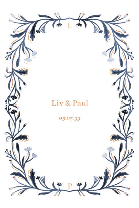 Trouwkaart met koperfolie en botanisch waterverf bloemenkader in blauw