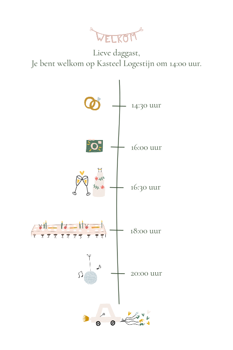 Trouwkaart dagplanning icoontjes