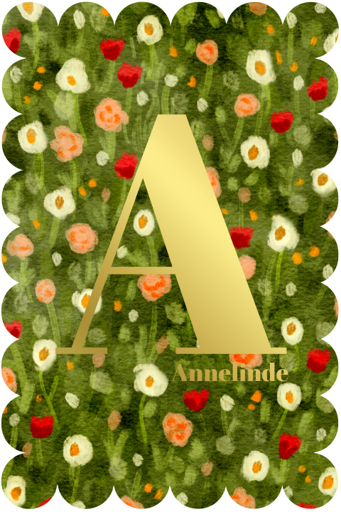 Geboortekaartje bloemige rand met bloemenveld en goudfolie monogram