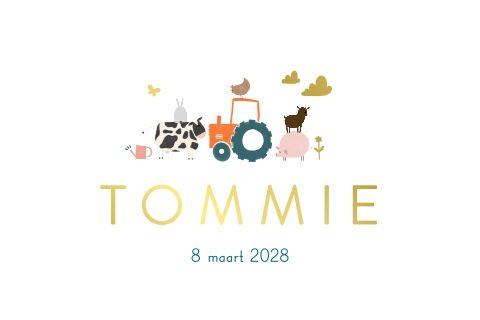 Vrolijk geboortekaartje naam goudfolie boerderij dieren tractor