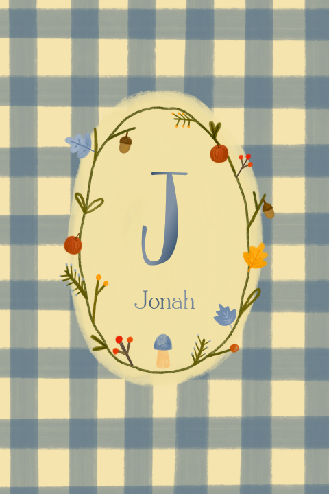 Geboortekaartje met blauw ruit en herfstillustraties jongen