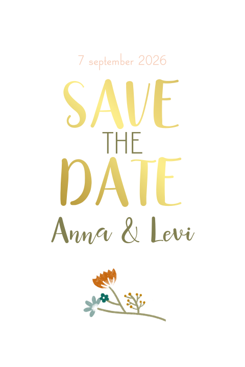 Save the date bloemetjes boeket boog goudfolie