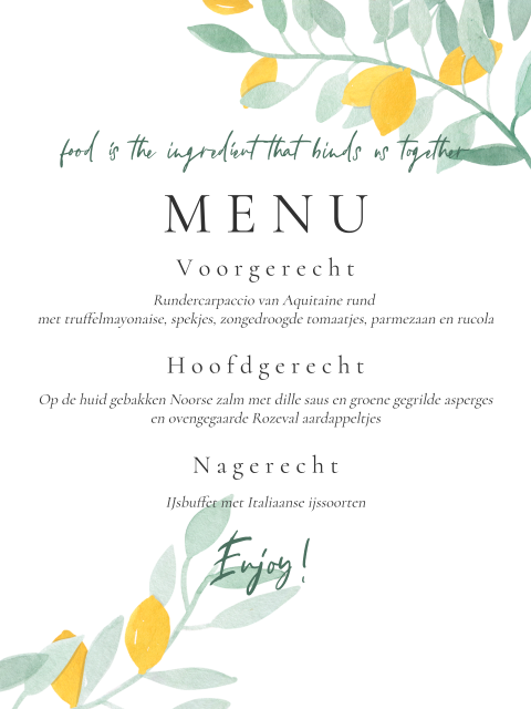 Menu bord bruiloftsbord citroen waterverf