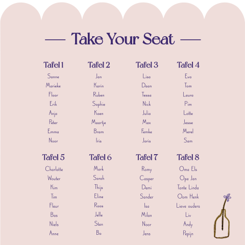 Tafelindeling bord bruiloft met unieke scallop rand