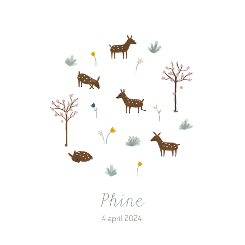 Geboortekaartje hertjes bloemen plantjes