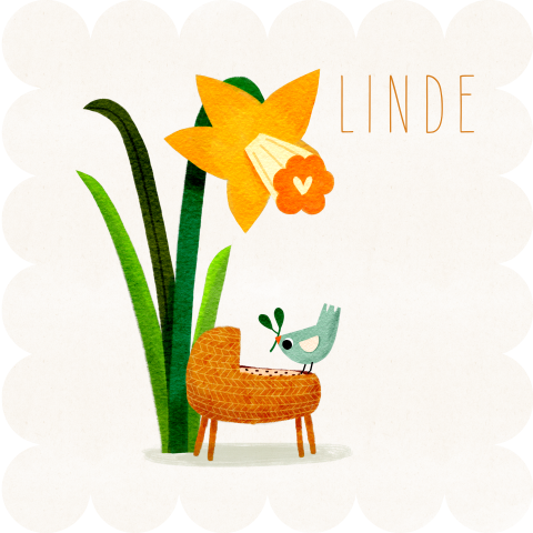 Geboortekaartje narcis wiegje vogeltje bloemvorm