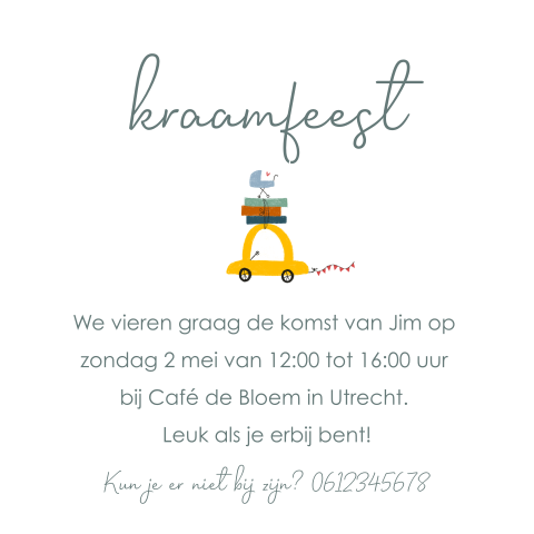 Klein kaartje uitnodiging babyborrel auto