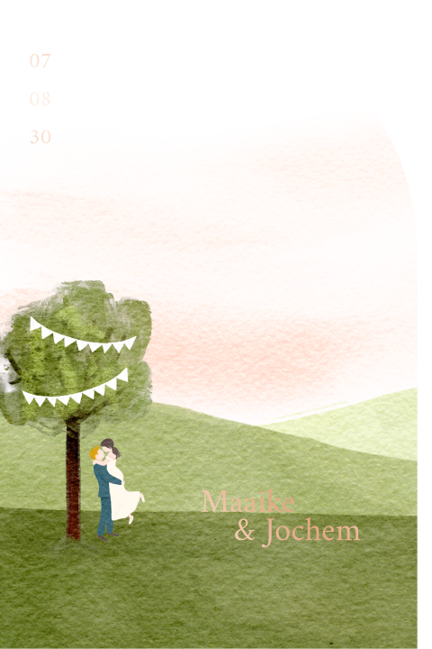 Romantische trouwkaart met portret bruidspaar in natuurlandschap