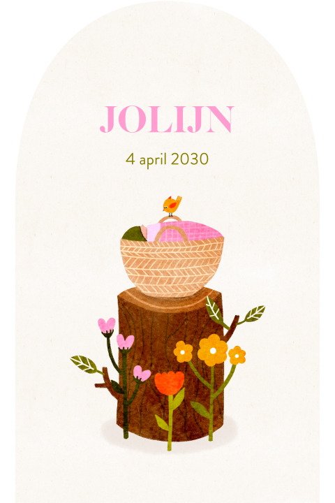 Geboortekaartje boogvorm bloemen boomstam wiegje meisje